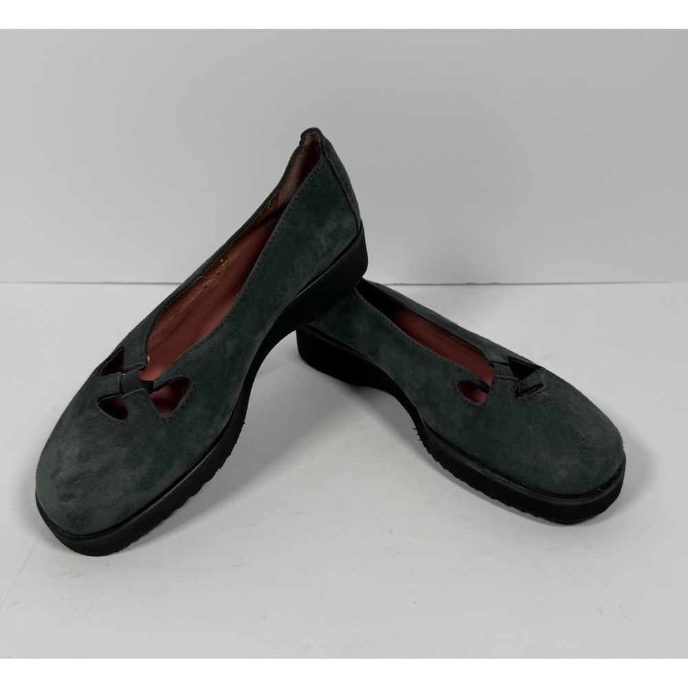 Andre Assous Gray Green Suede Cutout Wedge Pumps Made in Spain Size 36